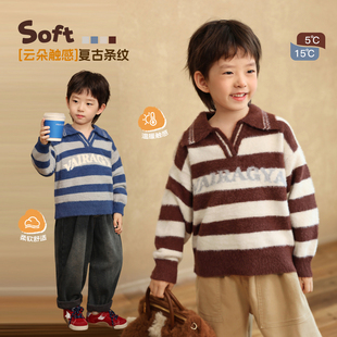 小o宝okids男童 条纹针织衫翻领毛衣复古2026冬季新款保暖加厚