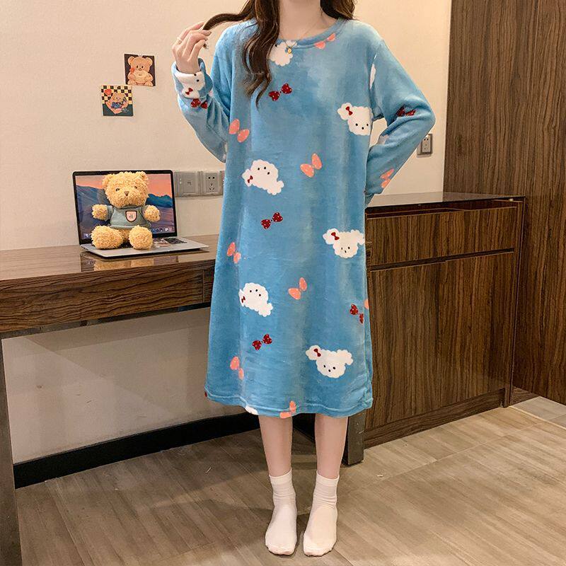 女秋冬法兰绒卡通睡裙家