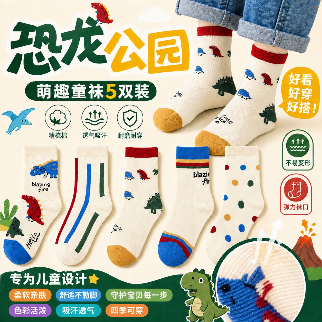 儿童袜子3-16岁萌趣恐龙