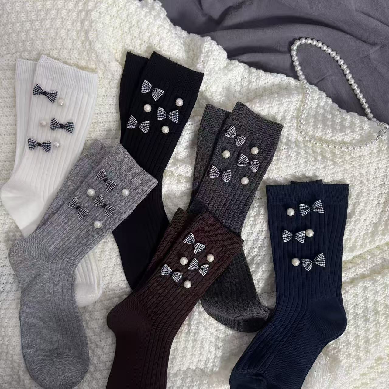 珍珠蝴蝶结长筒袜女ins潮