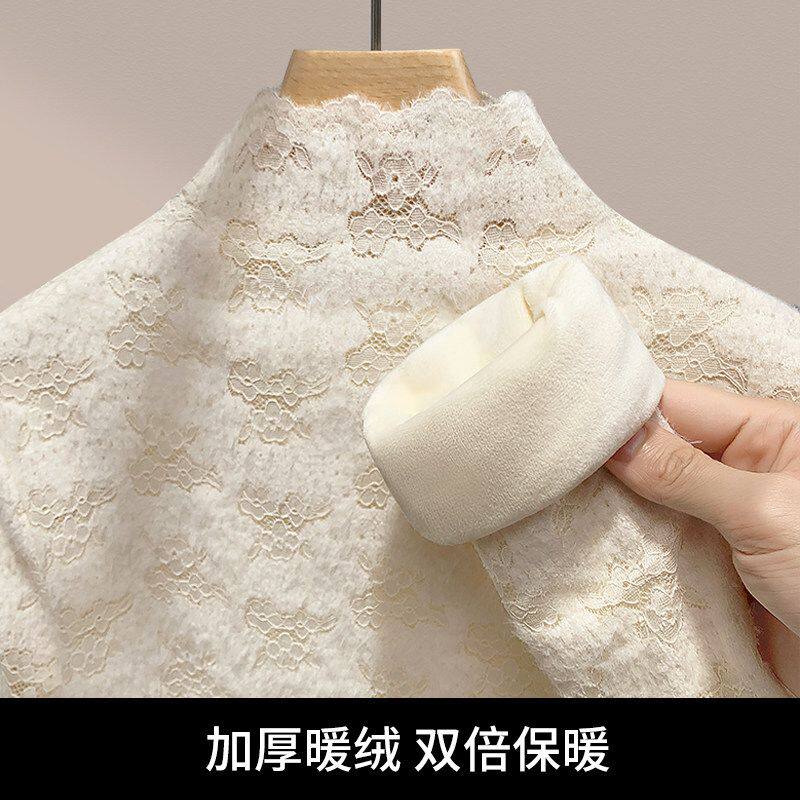 半高领加绒蕾丝打底衫女高级