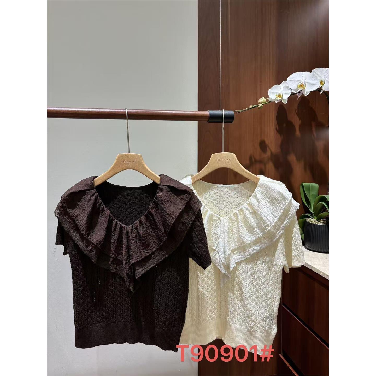 YY.DESIGN欧货南油2026秋装韩版V领荷叶边减龄短袖套头针织上衣女