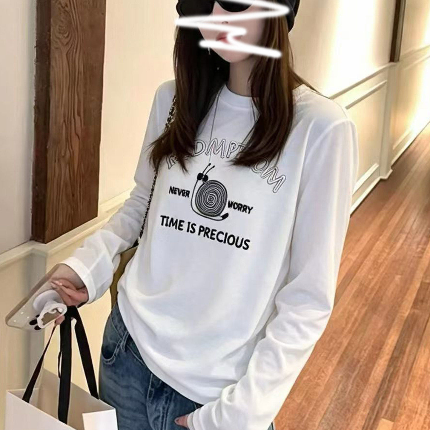 欧货南油2026秋冬复古手绘人像印花长袖T恤女圆领修身弹力打底衫