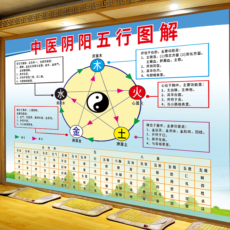 金木水火土五行图中医五行养生画养生馆装饰挂图人体