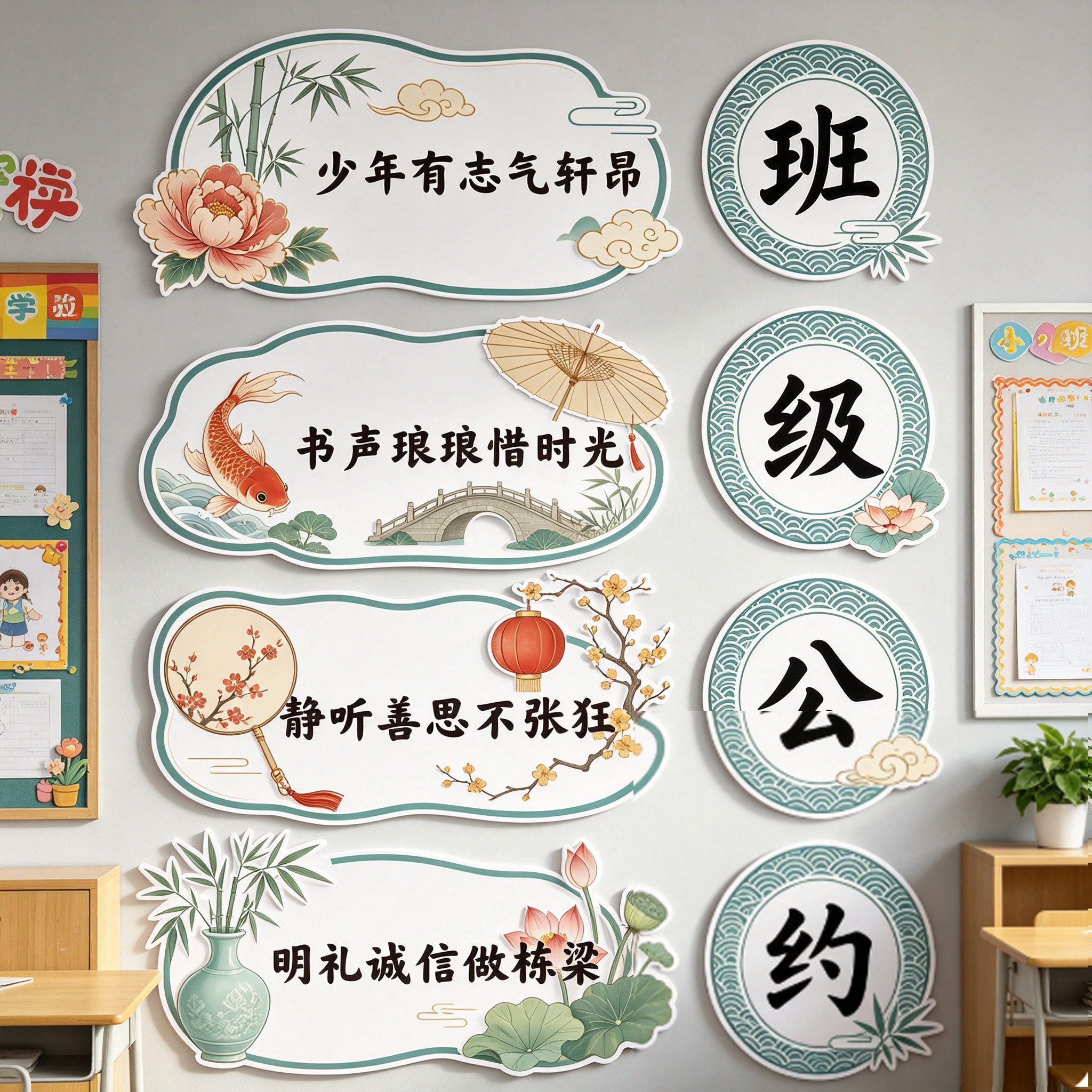 班级公约文化墙贴国潮风开学教室氛围布置辅导培训班励志标语装饰