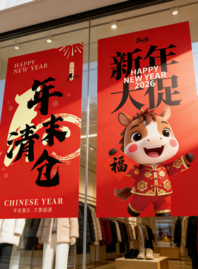 年终大促清仓活动广告贴纸服装店年末促销海报玻璃门橱窗装饰画QT