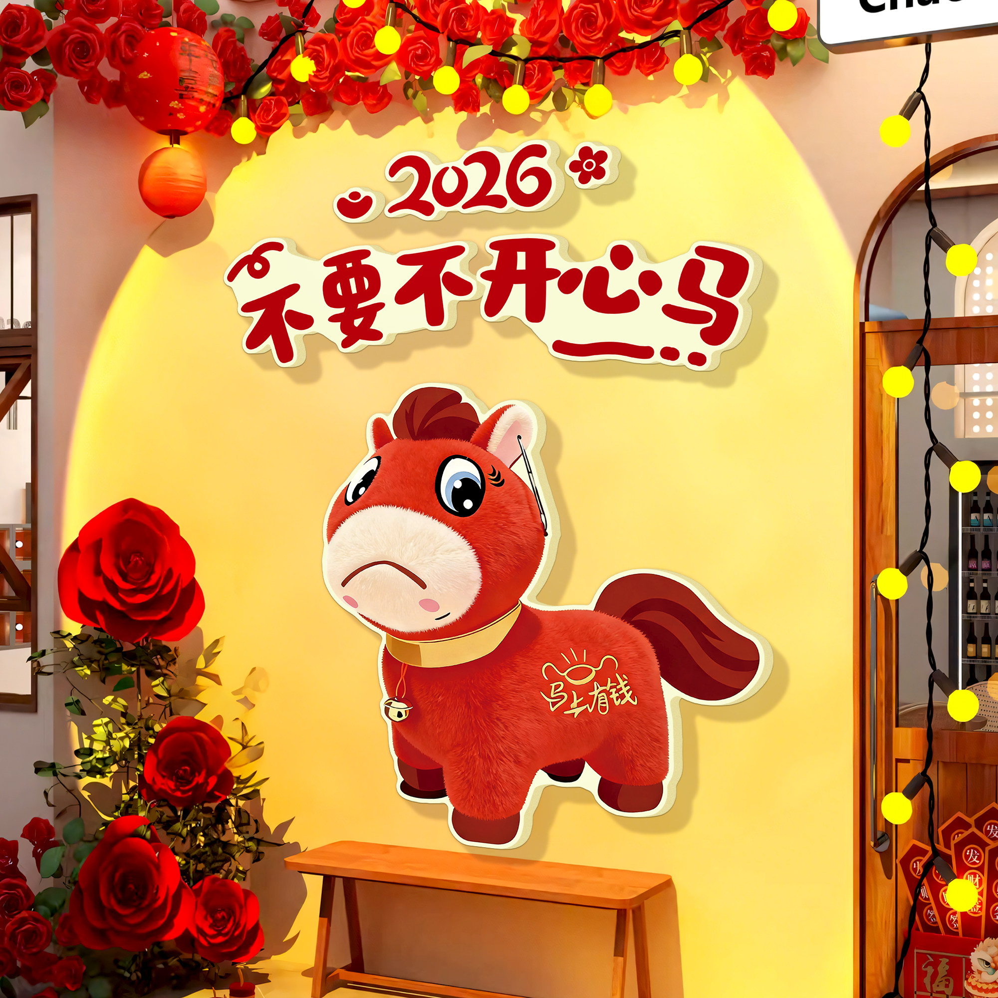 网红打卡新年墙面装饰氛围布置2026新年哭哭马餐饮店背景墙贴纸QT,家居饰品,软装墙贴,淘宝优惠券,粉丝福利购,淘宝优惠卷