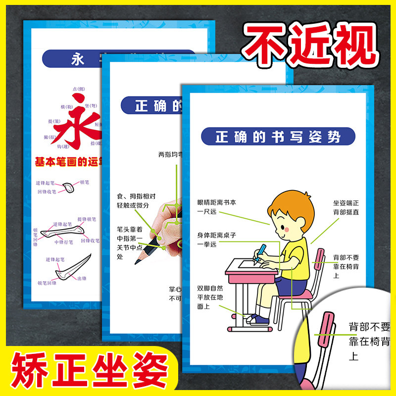小学生坐姿图片正确握笔写字姿势永字八法墙贴纸班级教室布置挂图