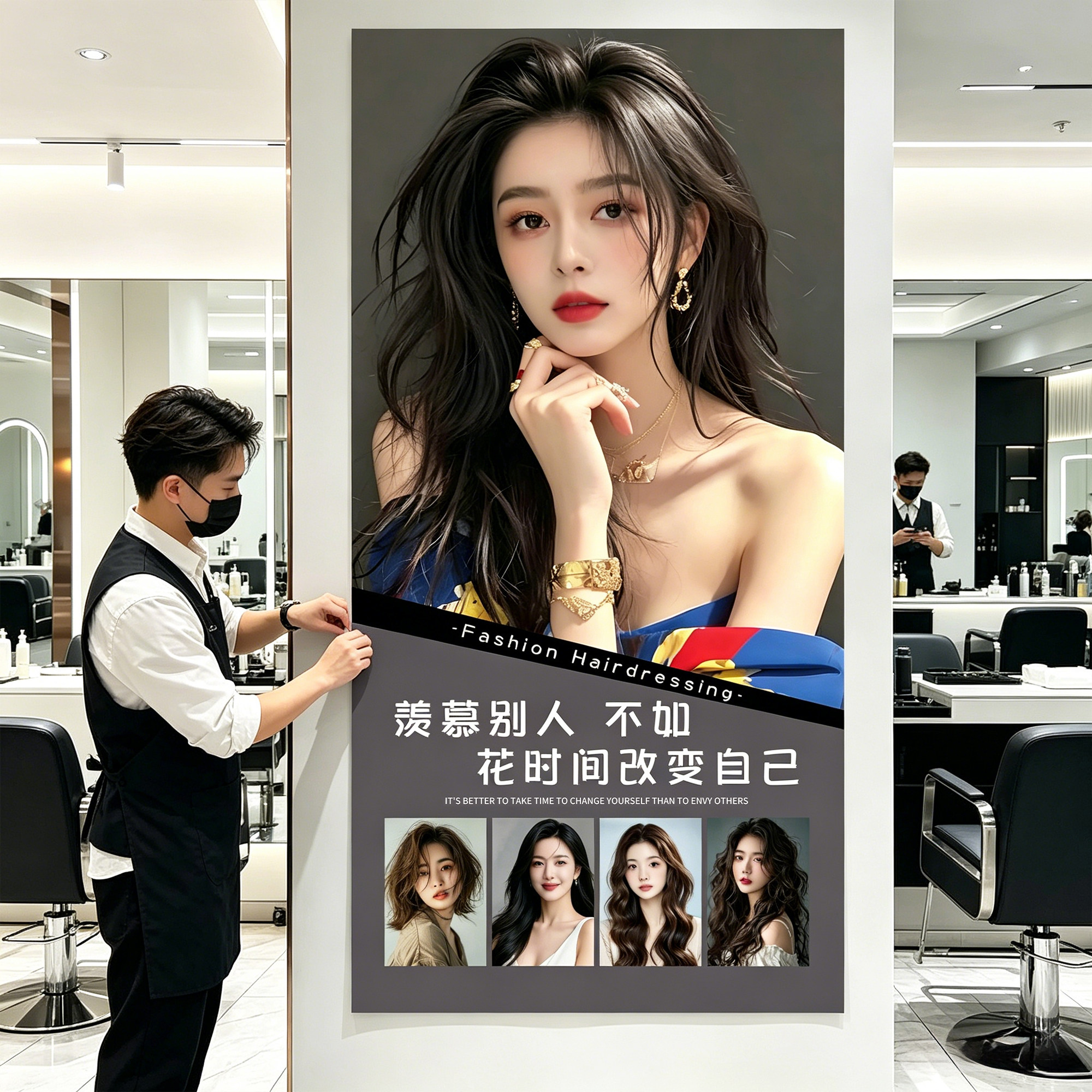 发廊美发店墙面装饰画发型挂画理发店海报墙贴背景形象墙高级感QT