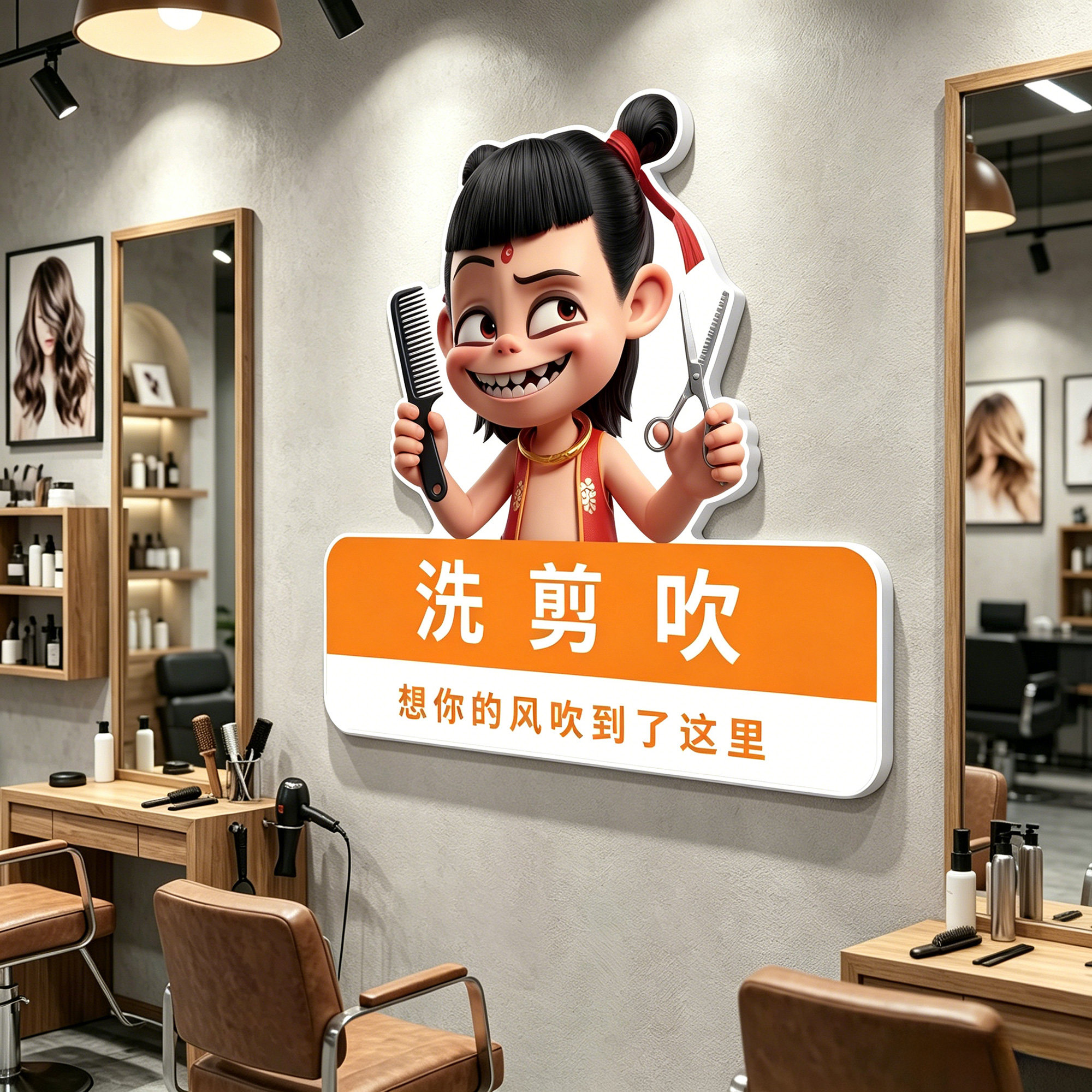 网红理发店墙面装饰画高级感美发店海报墙贴哪吒背景形象墙挂画QT
