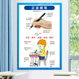 小学生正确握笔姿势图写字坐姿图班级文化装 饰画幼儿园布置海报hb