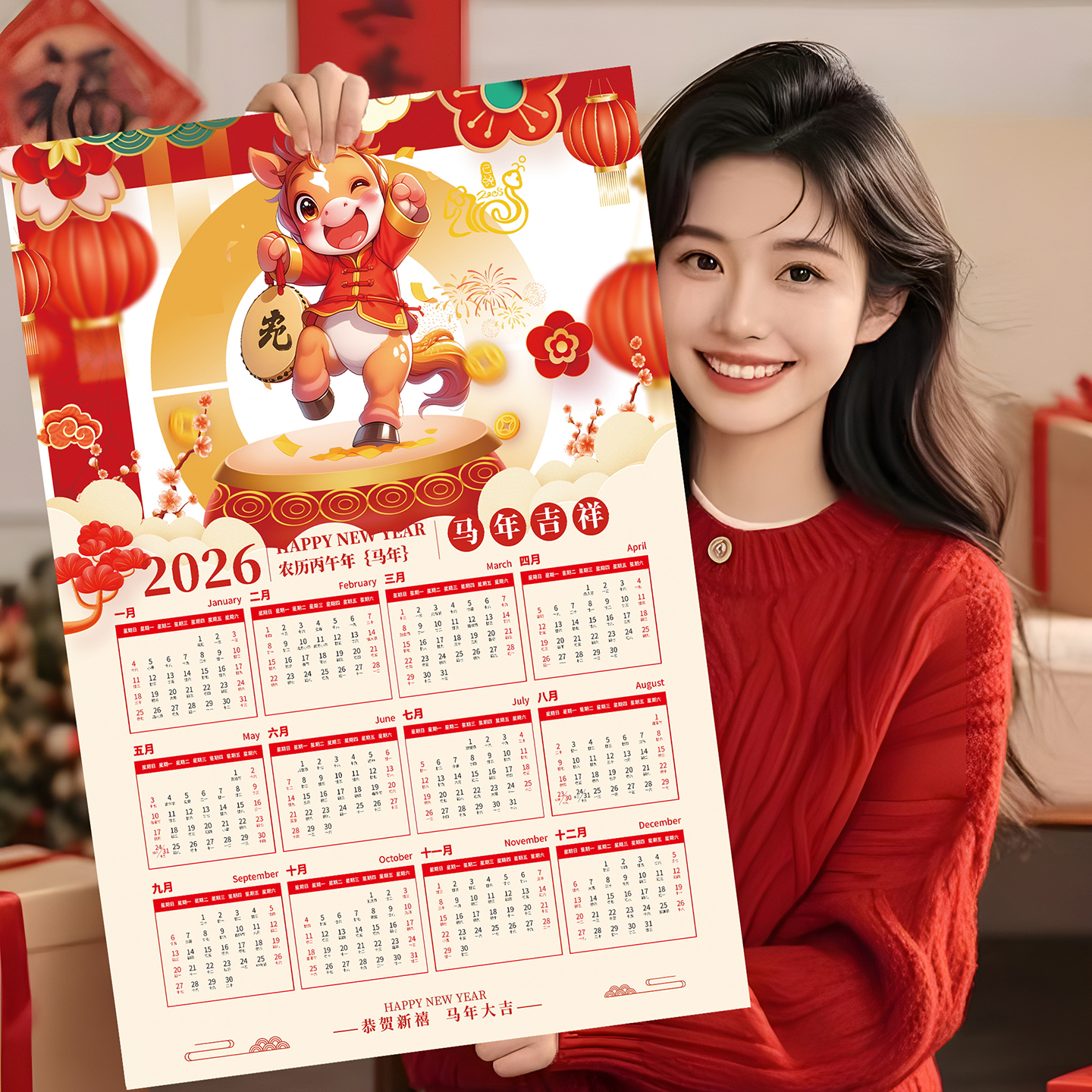 日历2026年新款挂历大尺寸马年福字年历定制全年一张纸家用挂墙hb