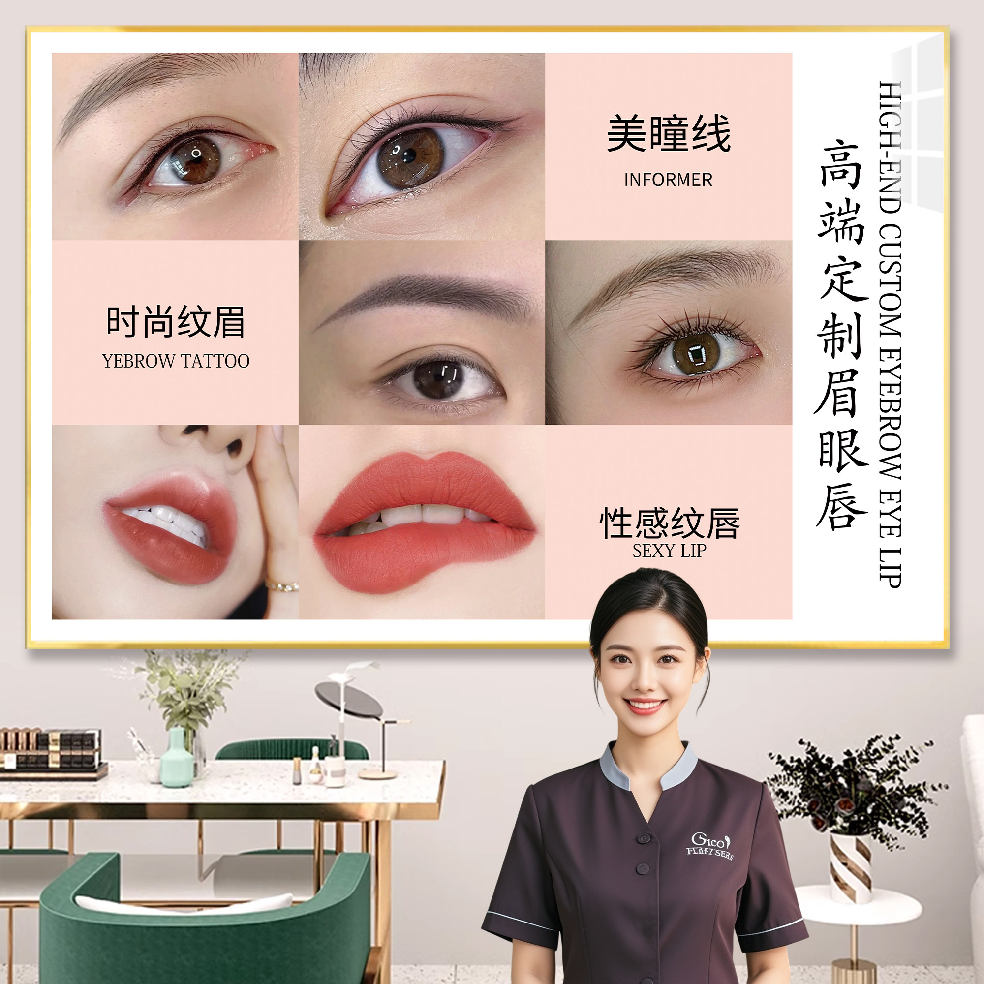 纹绣海报宣传图纹眉眼唇美容院广告海报墙贴画美甲美睫展示板挂画