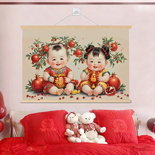 年画娃娃送子图龙凤胎宝宝画求子助孕图墙贴画金童玉女装饰挂画hb