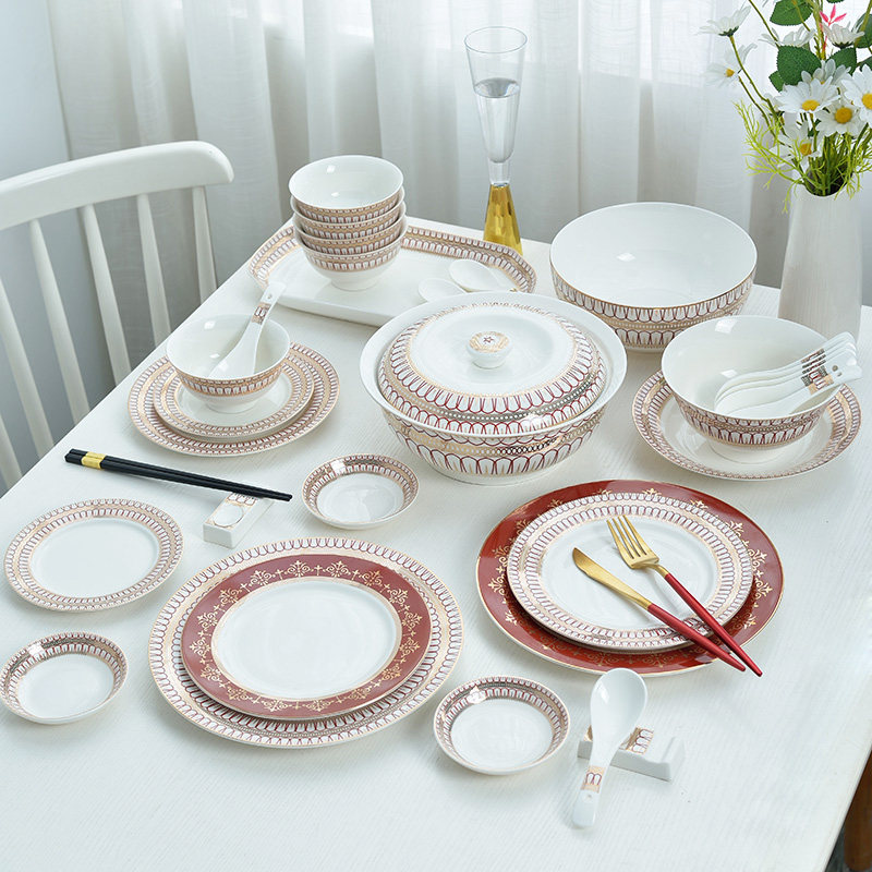 金边红色轻奢餐具套装喜庆碗碟高颜值家用组合欧式牛排西餐盘高级,餐饮具,盘,淘宝优惠券,粉丝福利购,淘宝优惠卷