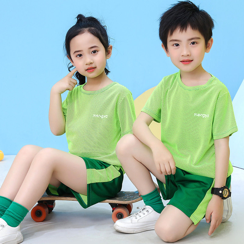 夏季薄款儿童速干网眼短袖短裤两件套男女童时尚运动撞色背心套装