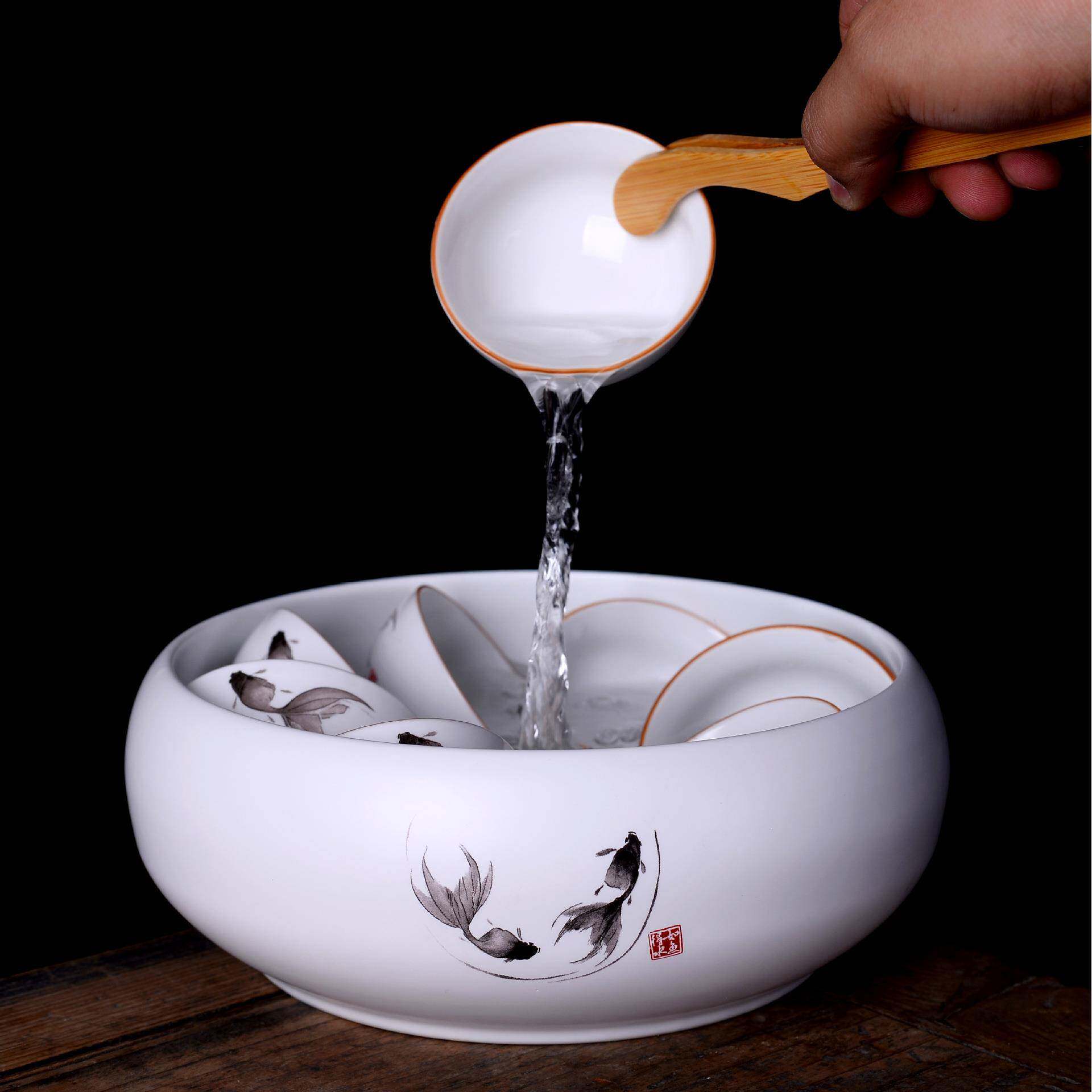 亚光白瓷茶洗陶瓷创意功夫茶具茶道配件水洗大茶碗定窑笔洗