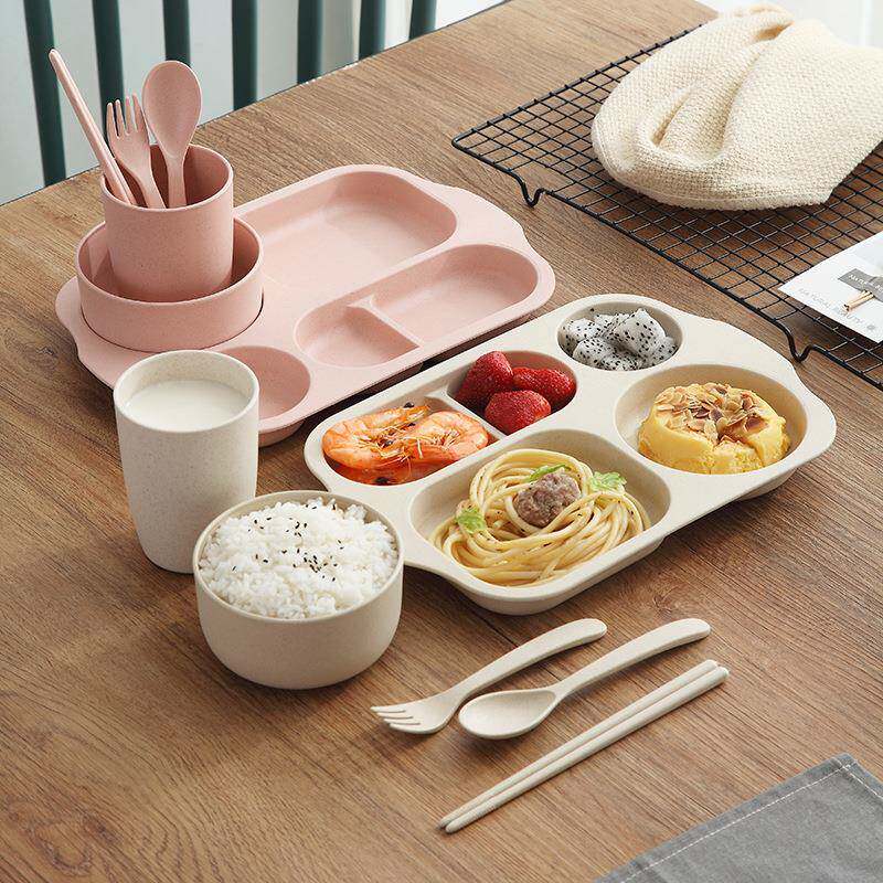 小麦秸秆儿童分格餐盘带碗勺餐具套装小孩幼儿园餐厅饭盘商用