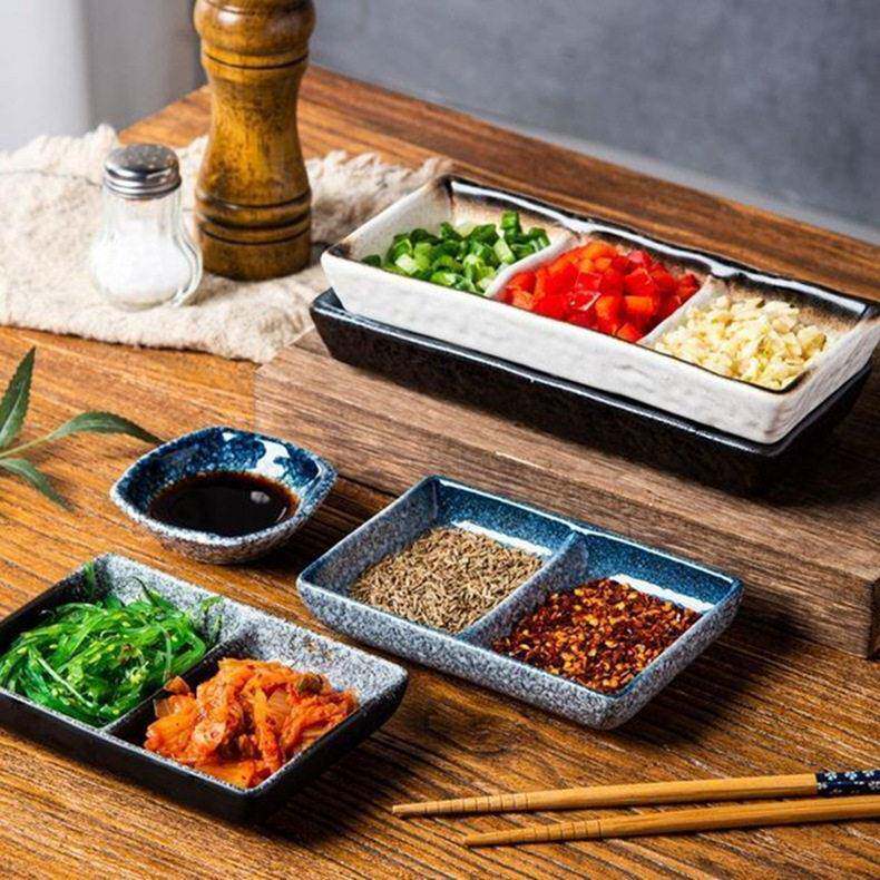 日式三格酱油碟陶瓷蘸料醋碟味碟创意调料碟家用火锅烤肉小菜碟