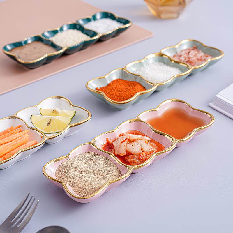 北欧三格碟陶瓷碟子 调料碟味碟烤肉酱料分格碟 糖醋小吃碟配菜碟