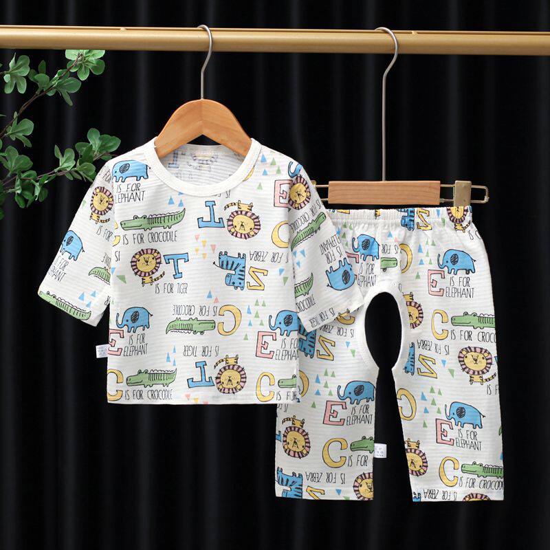 儿童纯棉家居服套装夏天男童睡衣薄款防蚊七分开裆宝宝空调服