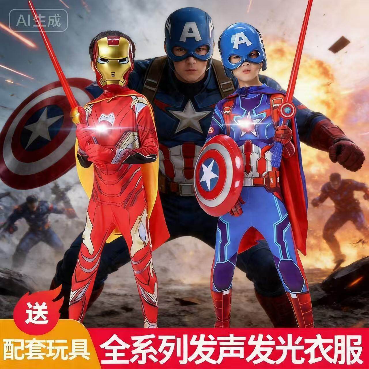 正版漫威美国队长连儿童体衣服超凡钢铁侠cos幼儿园亮灯表演套装