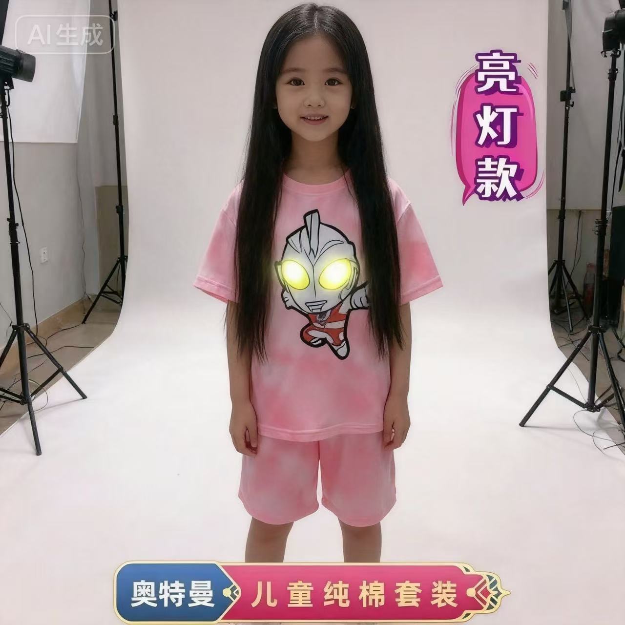 正版女童奥特曼发光夏季套装2026新款赛罗迪迦女孩纯棉速干两件套
