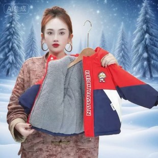 正版女童奥特曼棉衣加绒男女童赛罗奥特曼袄子亮灯连帽保暖派克服