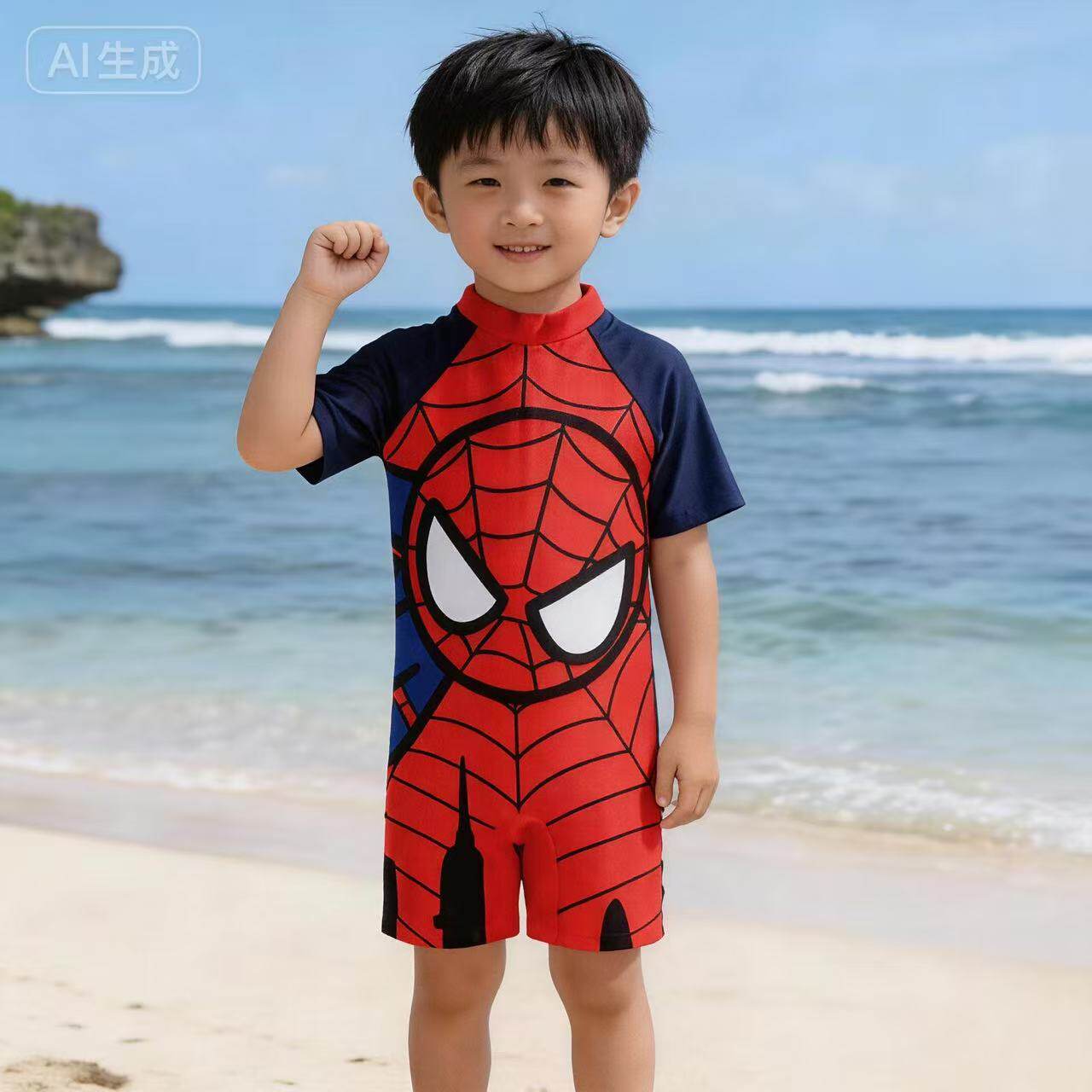漫威蜘蛛侠连体泳衣男童防晒速干男孩连体帅气卡通温泉宝宝游泳衣