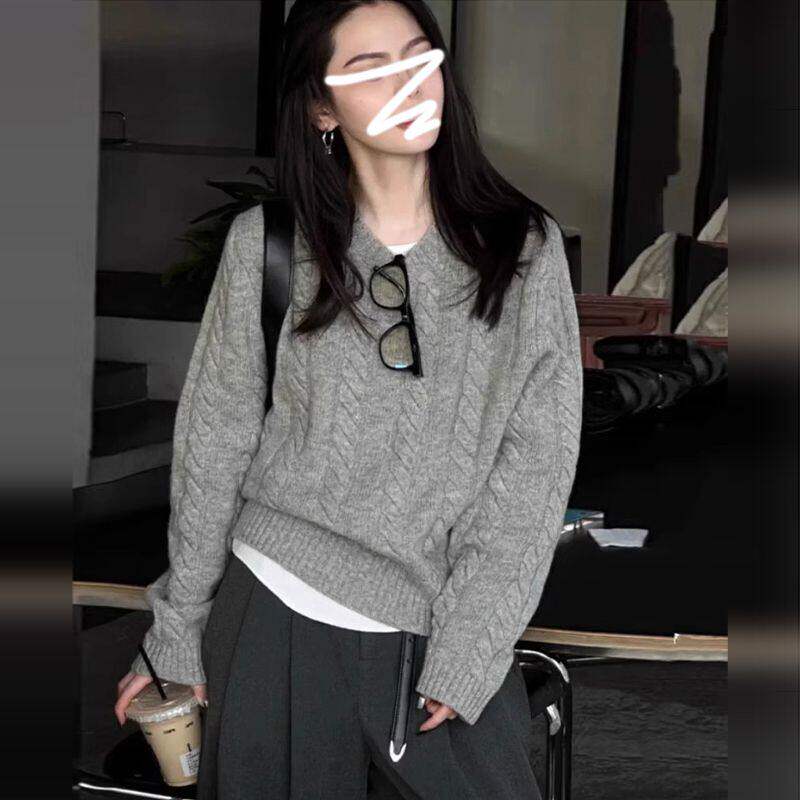 圆领灰色毛衣女款2025新款春季慵懒高级感内搭打底针织衫