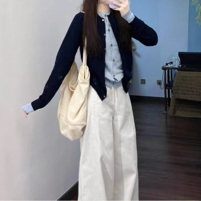 学院香风蓝色针织套装女2026韩系巨好看秋季流行穿搭裤子一整套女