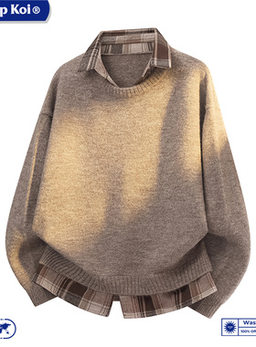 WASSUP KOI联名假两件衬衫领针织毛衣男士春秋季外套休闲潮牌上衣