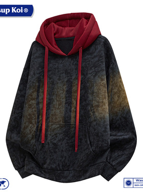 WASSUP KOI联名扎染拼接连帽卫衣男冬季加绒加厚休闲宽松外套上衣