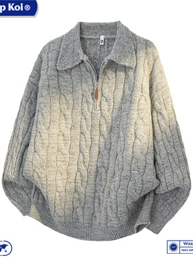 WASSUP KOI复古麻花半拉链POLO领针织衫男女慵懒宽松加厚保暖毛衣