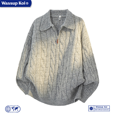 WASSUP KOI复古麻花半拉链POLO领针织衫男女慵懒宽松加厚保暖毛衣