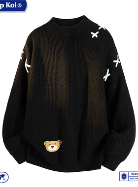 WASSUP KOI联名美式复古高领毛衣男黑色小熊刺绣宽松针织衫潮上衣