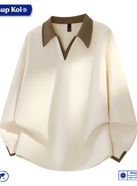 WASSUP KOI联名简约休闲风撞色V领卫衣男士宽松百搭翻领长袖上衣