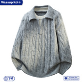 WASSUP 宽松休闲复古绞花针织衫 KOI联名秋冬季 翻领假两件毛衣美式