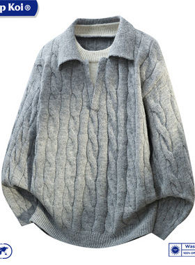 WASSUP KOI联名秋冬季翻领假两件毛衣美式宽松休闲复古绞花针织衫