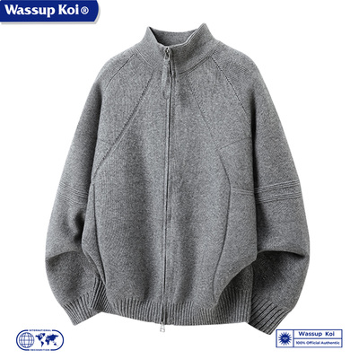 WASSUP美式浅灰色双拉链开衫毛衣