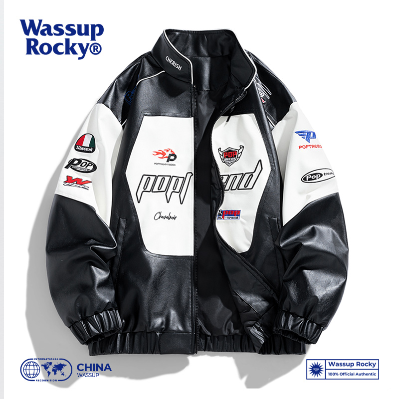 WASSUP ROCKY七巧板穿搭男装PU皮衣夹克机车赛车服痞帅棒球服外套