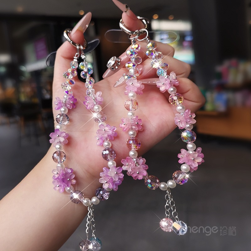 樱花珍珠水晶手机链挂件女手腕饰品ins风精致小清新手工串珠短款