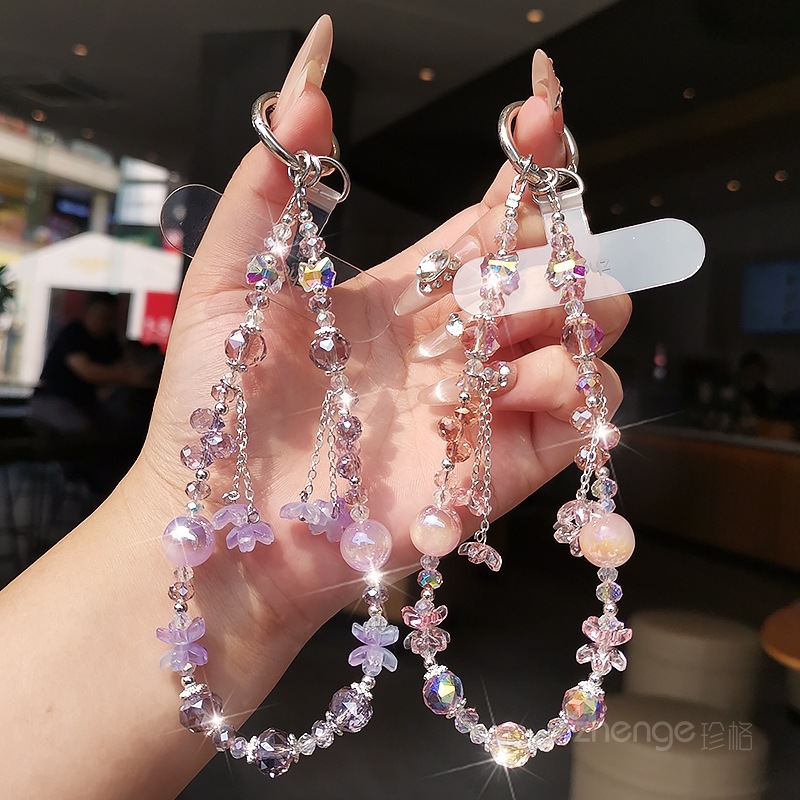 水晶花吊坠手机链女手腕短款小清新手机壳挂件手工串珠链手提