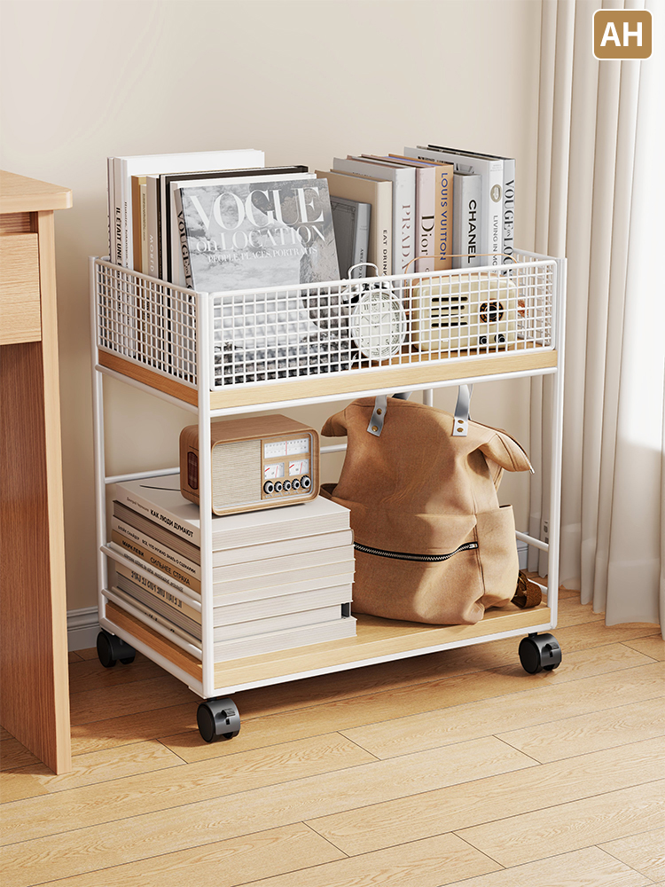 桌边收纳架学生可移动小推车架子书架落地置物架带轮简易多层书柜