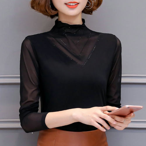 春秋蕾丝网纱高领修身长袖T恤