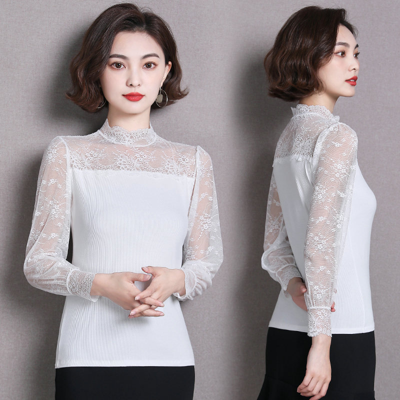 半高领通勤修身小衫套头外穿性感打底衫上衣蕾丝春秋长袖洋气内搭