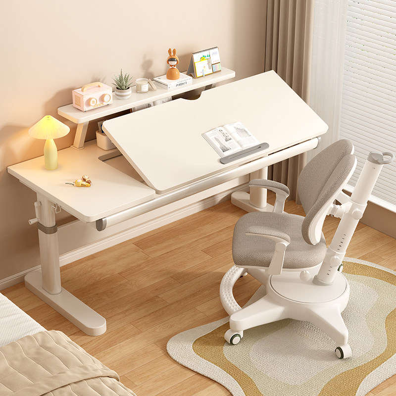 佰年穆升降桌子书桌学生家用电脑桌书架一体书桌实木儿童学习桌