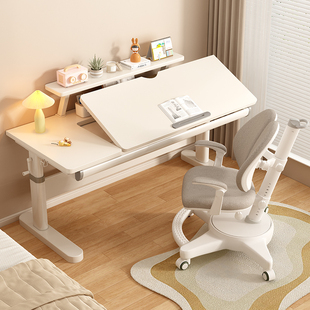 佰年穆升降桌子书桌学生家用电脑桌书架一体书桌实木儿童学习桌
