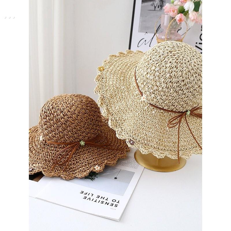 蝴蝶结草帽女夏天小清新可折叠沙滩帽海边帽子女遮阳防晒太阳帽