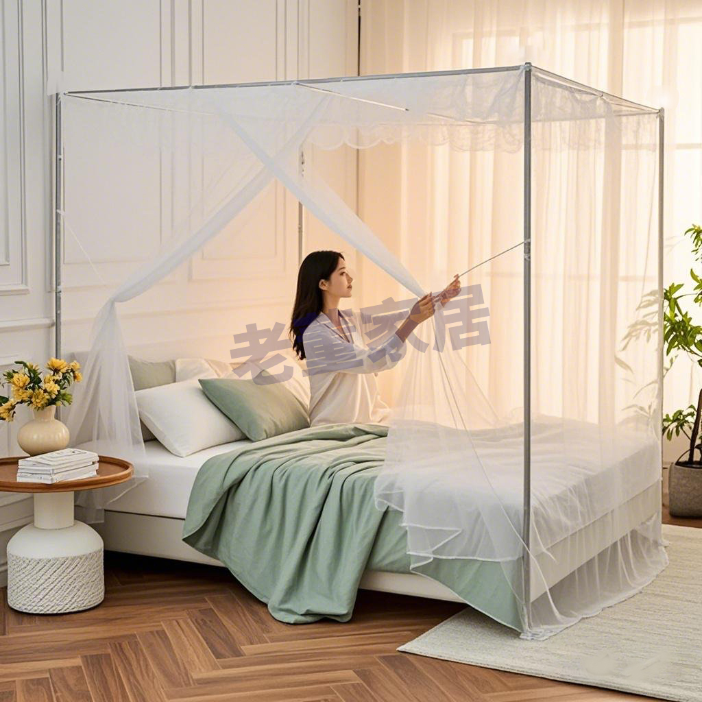 家用卧室加密蚊帐床帘单开门防蚊落地纱老式蚊帐普通白色粉色1.8m